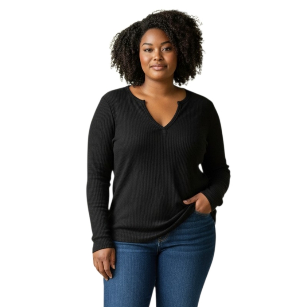 Famulily Black Notch-Neck Waffle Knit Long Sleeve Top Sz.L EUC